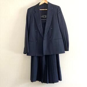 Vtg Britches of Georgetown Skirt Suit Set Navy Blue Windowpane Pleated Women 8